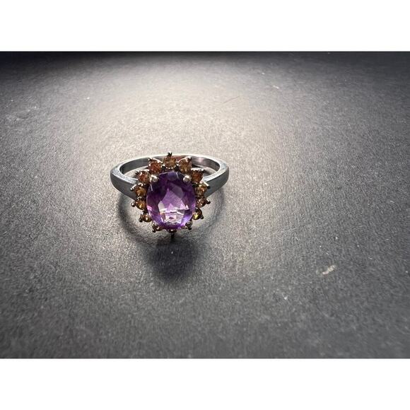 NEW Amethyst and brown zircon halo ring in platinum over sterling silver size 8 - Picture 15 of 16